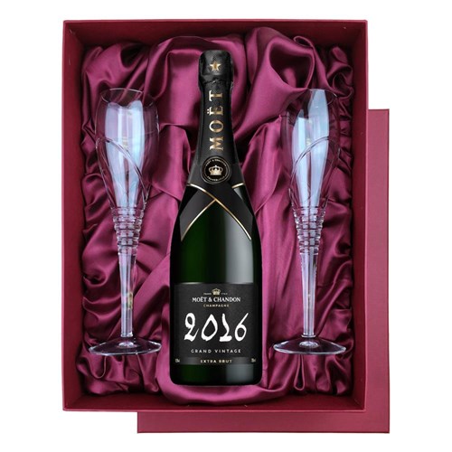 Moet & Chandon Grand Vintage 2016 Extra Brut Champagne 75cl in Red Luxury Presentation Set With Flutes